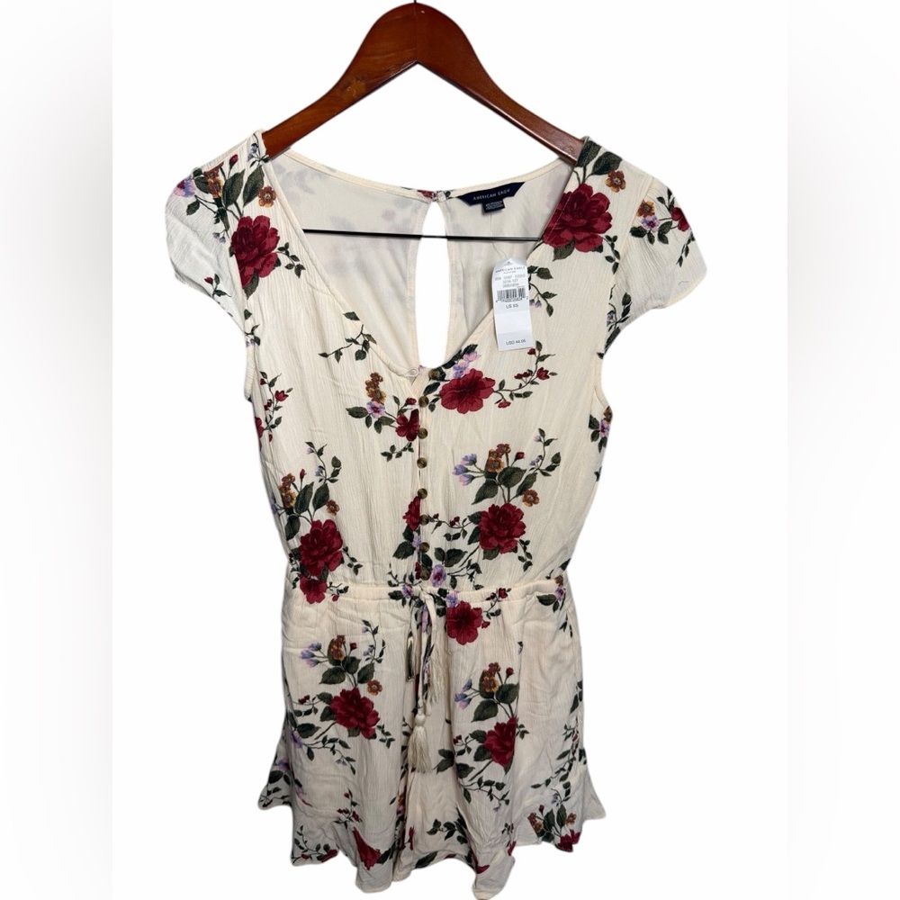 American Eagle Outfitters Cream Floral Short Sleeve Romper with Red Flowers